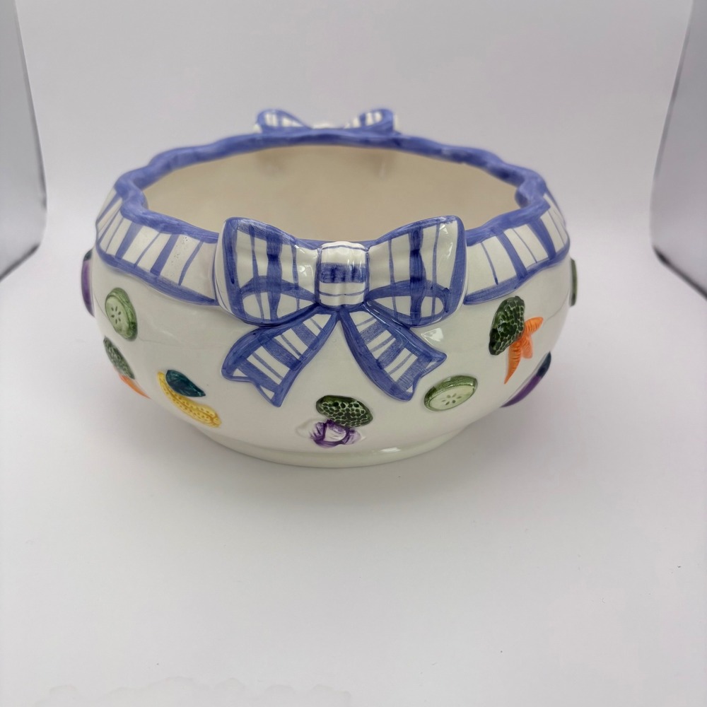Fitz and Floyd Vegetable Serving Bowl White Blue Bow Raised Ribbons
